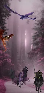 Mystical forest with dragons and knight in a fantastical scene.