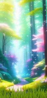 Enchanting forest with glowing trees and colorful blossoms