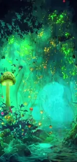 Mystical forest wallpaper with glowing green hues.