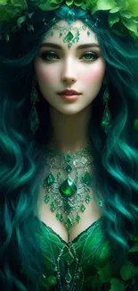 Enchanting fantasy forest goddess in emerald green art.