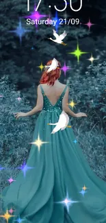 Woman in teal gown in an enchantingly sparkly forest.