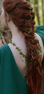 Woman with braided red hair in forest setting.