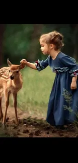 Girl gently touching a deer in a quiet forest setting.