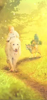 Child and dog in enchanted golden forest path.