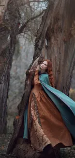 Woman in cloak leaning against a tree in a magical forest setting.