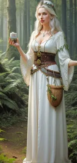 Forest maiden in white dress amidst lush green forest.