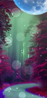 Enchanting forest under moonlight with pink and green hues.