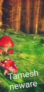 Forest scene with red mushroom houses and lush greenery.