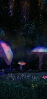 Magical forest scene with glowing mushrooms at night.