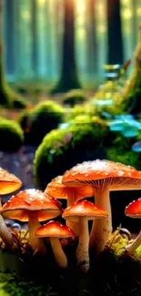 Enchanting forest with mushrooms and sunlight shining through the trees.