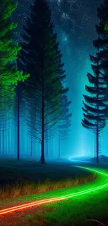 A neon lighted path winding through a glowing forest under a starlit sky.