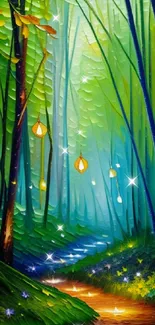 Enchanting forest night with glowing lanterns and stream.