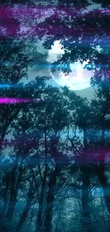 Mystical forest wallpaper with full moon and vibrant light streaks.