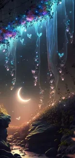 Magical forest with crescent moon and butterflies at night.