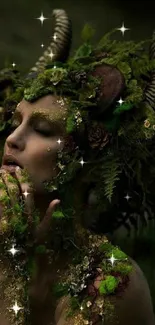 Mystical forest nymph in green foliage with intricate details.