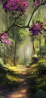 Enchanting forest path with pink blossoms and lush greenery.