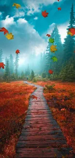 Scenic path through misty forest with vibrant hues.