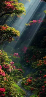 Enchanting forest pathway with sunlit trees and vibrant flowers.