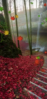 Forest path with red leaves and waterfall in autumn.