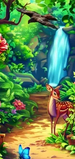 Enchanted forest scene with deer and waterfall, vibrant nature art.