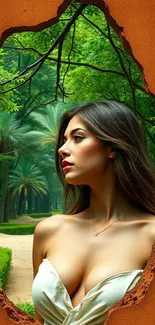 Woman in a forest with a green background.