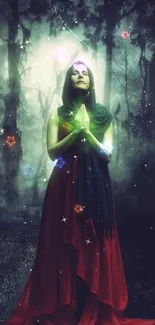 Mystical woman praying in an enchanting forest with glowing effects.