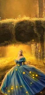 Fantasy art wallpaper with a princess in a blue gown and glowing golden lights.