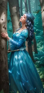 Serene princess in blue gown in forest