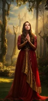 A forest princess in a red dress stands in a mystical woodland setting.