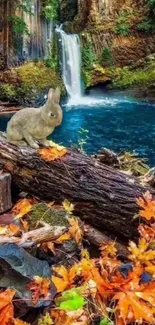 Peaceful rabbit by a waterfall in a vibrant autumn forest landscape.