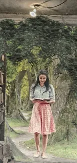 Woman reads book in leafy, enchanting forest corridor.