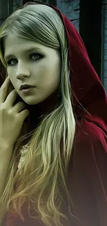 Red Riding Hood stands in a dark forest with a mysterious expression.