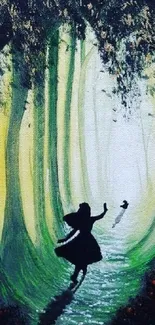 Silhouette of girl in magical green forest path art.