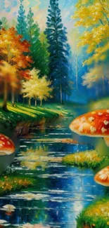 Enchanting forest stream with vibrant mushrooms and autumn leaves.