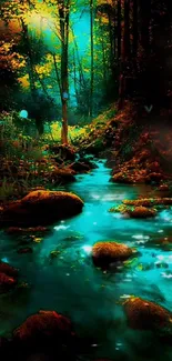 Enchanting forest stream with vibrant colors and lush, tranquil scenery.