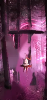 Mystical pink forest swing among tall trees with a dreamlike glow.