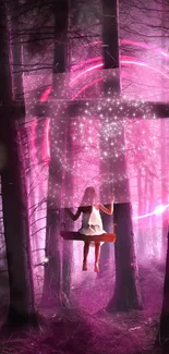 Girl on a swing in mystical forest with pink glowing lights.