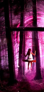 Girl on a swing in a magical magenta forest.