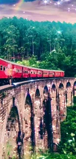 A red train crosses a stone bridge in a lush forest with a rainbow.