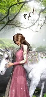 Magical forest scene with unicorn and maiden.