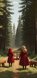 Two figures in red coats walk with bear cubs through a lush forest path.