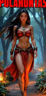 Fierce warrior walking through a mystical forest path in a digital artwork.