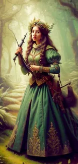 Enchanting woman in green gown holds sword in mystical forest setting.