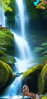 Enchanting fantasy waterfall with mystical creatures in a vibrant forest setting.