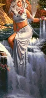 Mystical woman at waterfall with forest backdrop.