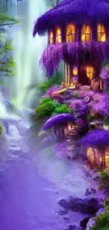 Mystical purple forest cottage by a waterfall, serene nature escape.