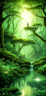 Enchanting green forest with waterfall and sunlight