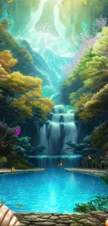 Enchanting waterfall in a vibrant forest, with turquoise and green hues.