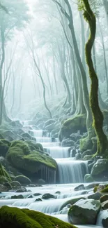 Misty forest with cascading waterfall and lush greenery.