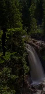 Silhouettes by a majestic forest waterfall cascading down rocks.